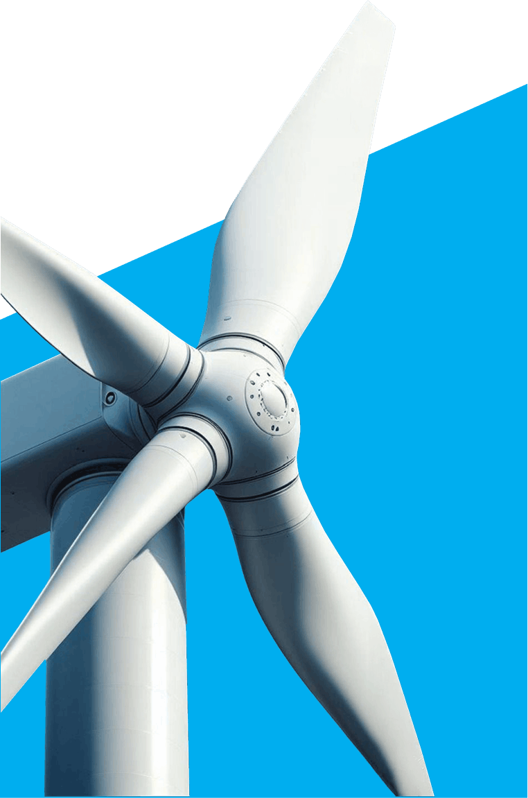 Close-up of a white wind turbine hub and blades against a blue sky