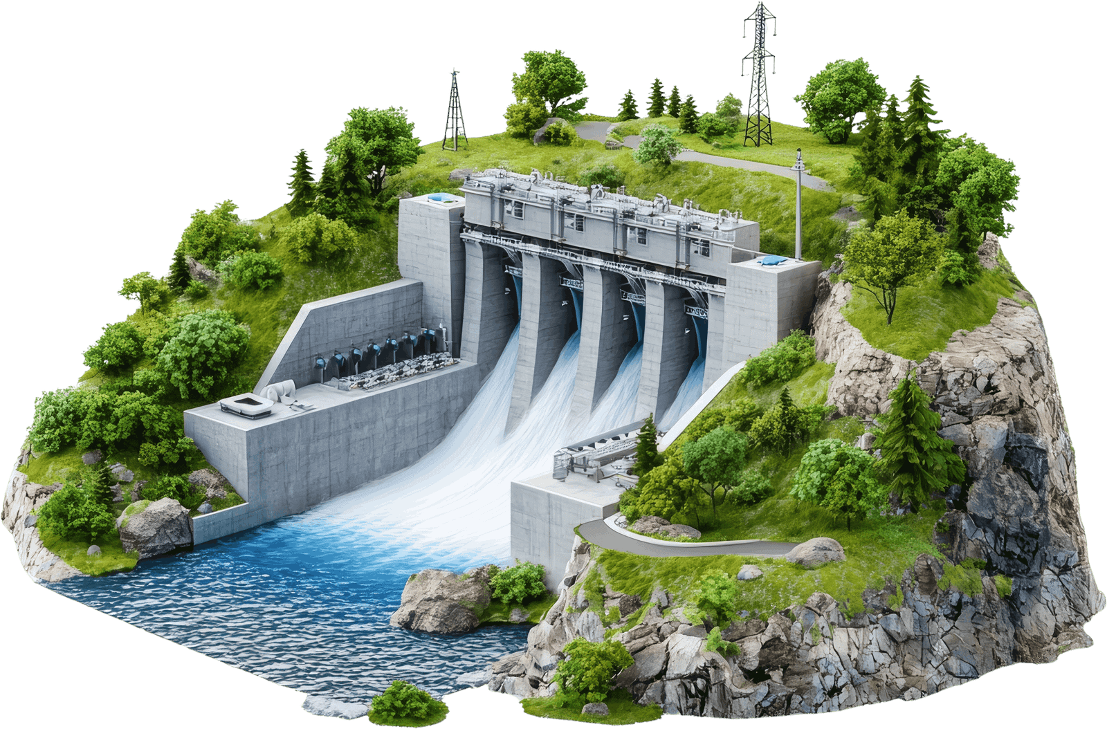 Model of a hydroelectric dam set in a green rocky landscape